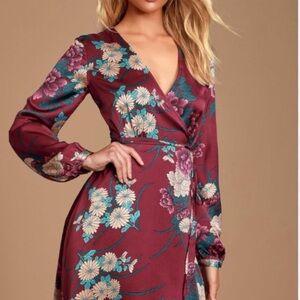 Lulu's Red Asymmetrical Wrap Dress with Bishop Sleeves